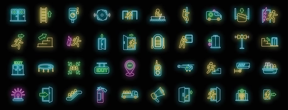 Human evacuation icons set neon vector