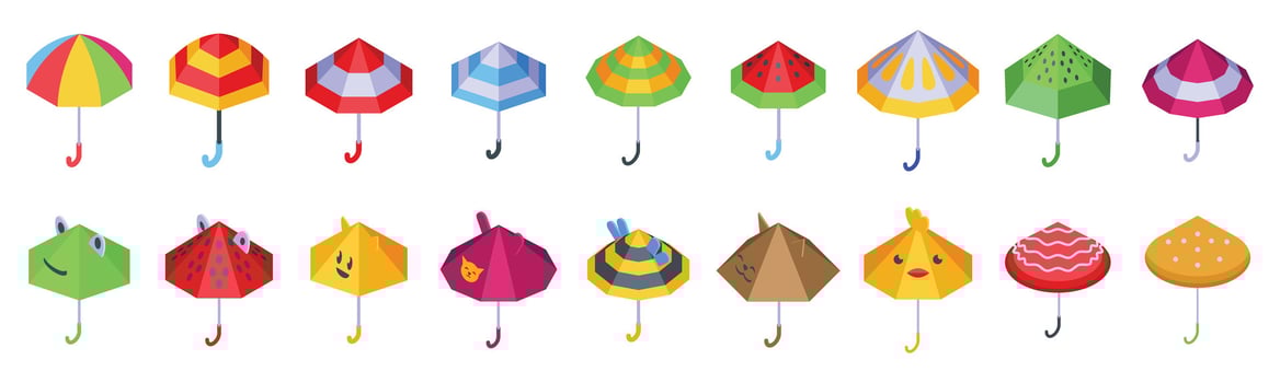 Childrens umbrella . A collection of colorful umbrellas with various designs and patterns vector