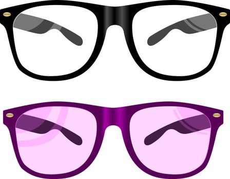 Glasses Flat Illustration. Black Rim Eyewear. Summer Fashion Sunglasses in Modern Hipster Style. Optical Eyeglass Casual Frame with Cool Lens. Medical Reading Glass in Front. vector