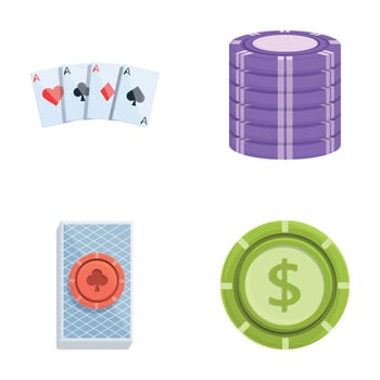 Gambling icons set cartoon . Casino poker cards and chips vector
