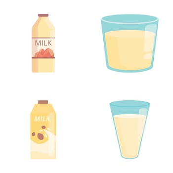 Plant milk icons set cartoon . Vegan milk in carton box bottle and glass vector