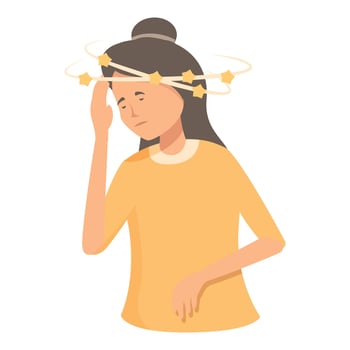 graphic depicting a woman experiencing vertigo with stars around her head vector