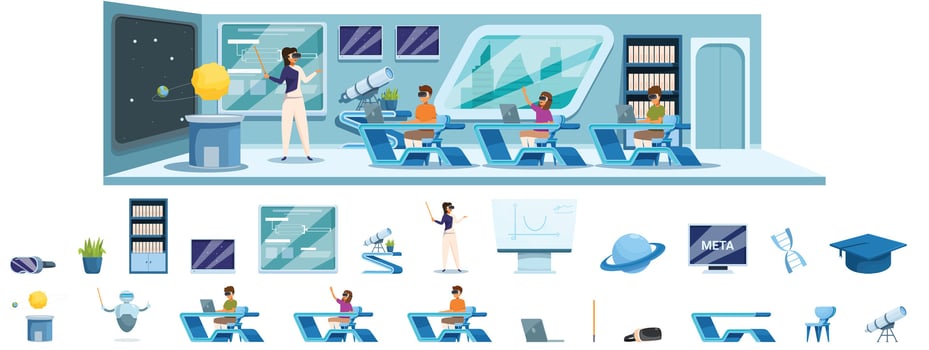 Futuristic school . A classroom scene with a teacher and students vector