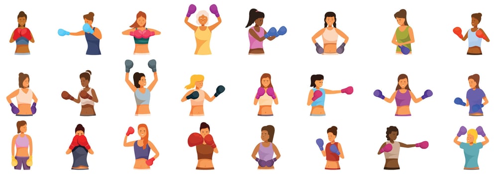 Woman boxing gloves . A group of women are shown in various poses, with some holding boxing gloves vector