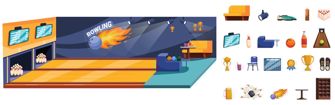 Bowling club interior . A bowling alley with a fire ball in the air vector