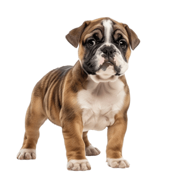 English bulldog puppy standing on transparent background. png