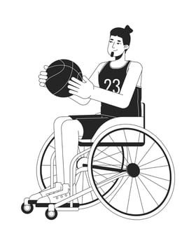 Disabled caucasian man playing basketball black and white 2D line cartoon character. European sportsman in wheelchair isolated outline person. Inclusion monochromatic flat spot illustration vector