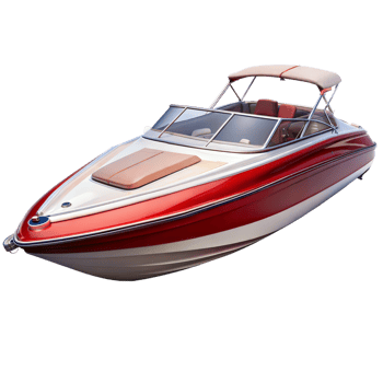 A red and white speedboat with a canopy and windshield, streamlined for speed png