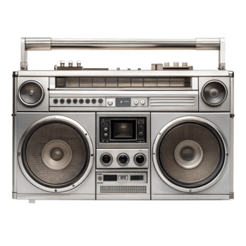 Silver 1980s boombox displaying dual speakers, a cassette player, and various control buttons on a transparent background png