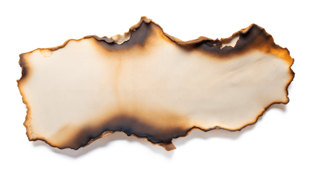 A piece of old parchment paper displaying burnt edges, isolated against a transparent background png