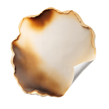 A sheet of paper with burned, curled edges against a transparent background, illustrating fire damage png