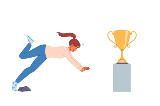 Woman falls on path to success and fails in desire to get golden cup symbolizing leadership vector