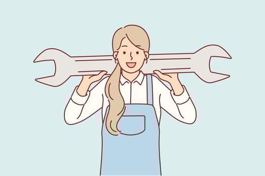 Woman mechanic holds giant wrench, providing services to repair car after engine breakdown vector