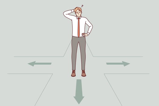 Thoughtful business man makes choice standing at crossroads and accepts difficult decision vector