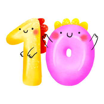 Funny cartoon number 10 like dinosaur. Cirfra ten dino. Monster. Baby shower print capturing. Baby month anniversary card. Nursery print png