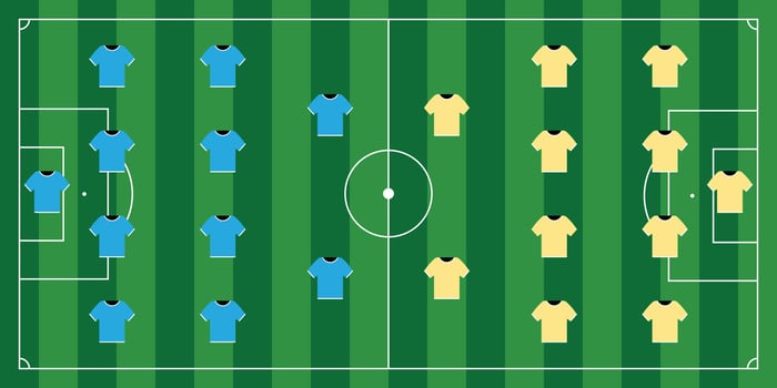 Soccer field design with player shirts vector