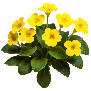 Yellow primrose cluster of small flowers with five heart shaped petals dark green leaves Primula png