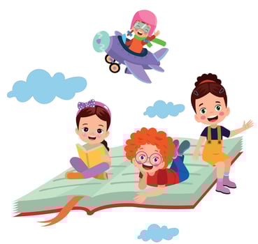 little kid riding a book and fly vector