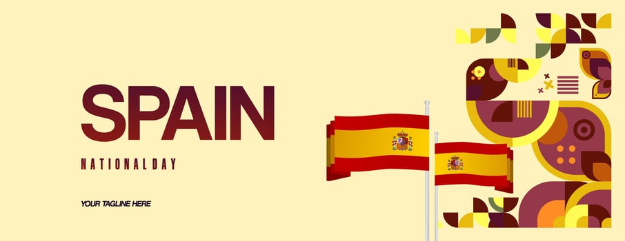 Spanish National Day wide banner in colorful modern geometric style. National and Independence Day greeting card with Spain flag. Background celebrating national holiday party vector