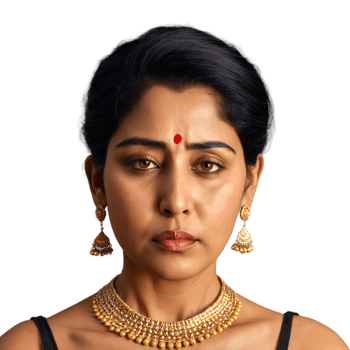 Middle aged South Asian woman with updo and gold necklace adorable face grieving eyes pouting. Essence of diverse femininity. png