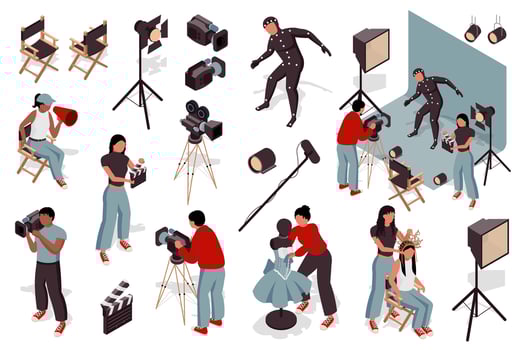 Cinematography 3d isometric mega set. Collection flat isometry elements of people making movie, actor at scene stage, camcorder operators, director, dresser and makeup artist. illustration. vector