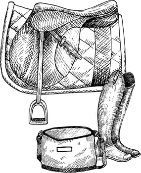 Graphic illustration of saddle on wooden stand. Boot, bag. Hand painting. Horse equipment, for horse sport, riding vector