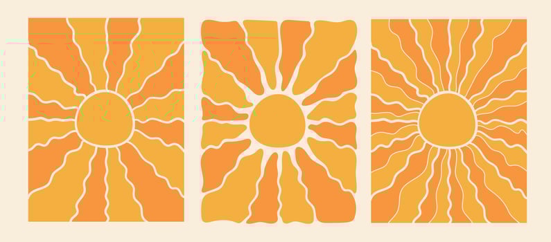 Retro Groovy Sun Background Set. Abstract Wave Ray Pattern in Trendy 70s Style. Boho Colorful Groovy Sun Psychedelic Vintage Background. Graphic Fun Hippie Poster. Abstract Rectangle Wallpaper. vector