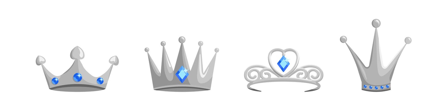 Silver crowns and tiaras set. Blue emerald jewelry for queens and princes vector