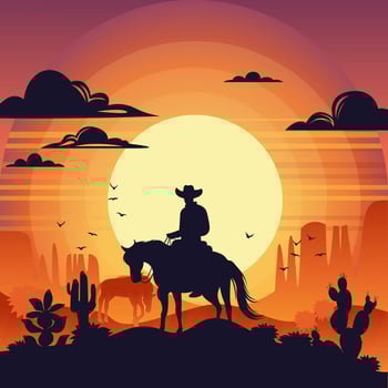 desert sunset landscape with cowboy on horse, mountains, cactus and birds in the sky. Wild West Texas in flat cartoon style. Silhouette . vector
