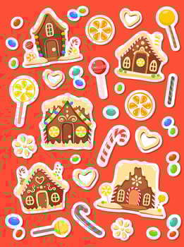 Sticker set of gingerbread houses and sweets. cookies, candies, lollipops and other treats. Colorful isolated christmas elements on red background. Flat cartoon style. vector