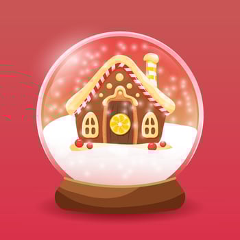 Christmas glass snow globe with gingerbread house inside. Colorful illustration of winter holidays season. vector