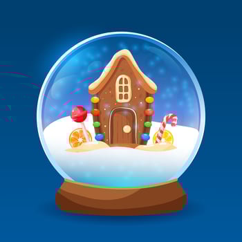Christmas glass snow globe with gingerbread house inside. Colorful illustration of winter holidays season. vector