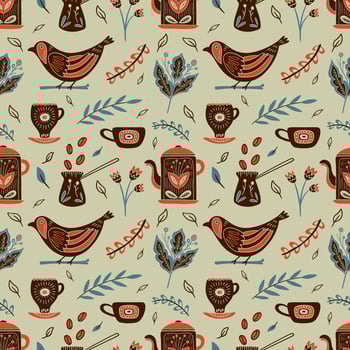 Seamless pattern in vintage style. Teapot with ornament, floral elements. Folk mood. Faded colors, black and orange. illustration. vector
