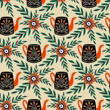 Seamless pattern in vintage style. Teapot with ornament, floral elements. Folk mood. Faded colors, black and orange. illustration. vector