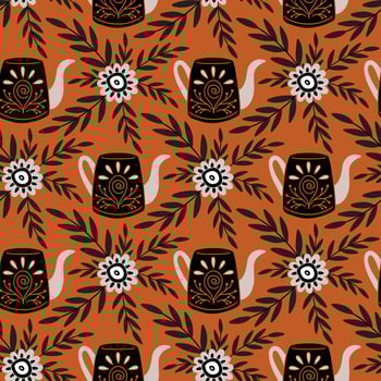 Seamless pattern in vintage style. Teapot with ornament, floral elements. Folk mood. Faded colors, black and orange. illustration. vector