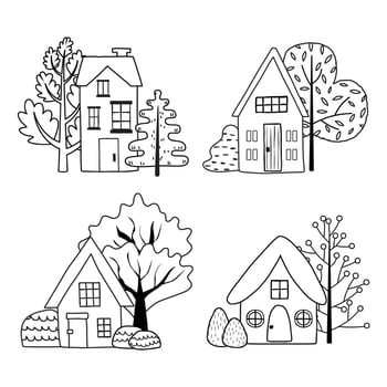 Coloring with cute cartoon country house. Simple rustic landscape with trees. Hand drawn doodle illustration for children activity. vector