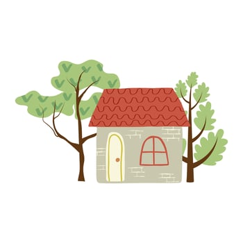Cute cartoon country house. Hand drawn doodle spot illustration. Simple rustic landscape with trees. Flat illustration, isolated on white. vector