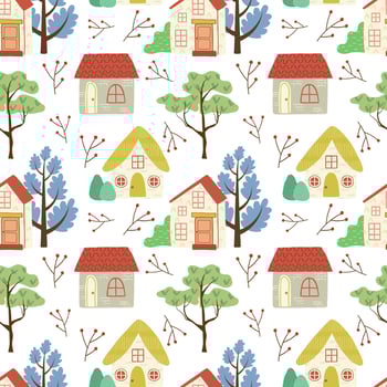 Cute seamless pattern with cartoon country houses and trees. Hand drawn illustration in a flat style. Doodle rustic landscape with trees. vector