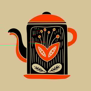 Hand drawn teapot in vintage style with ornament. Folk mood. Faded colors, black and orange. illustration. vector