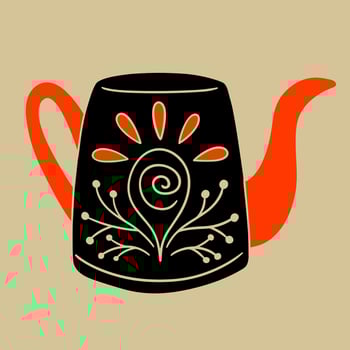 Hand drawn teapot in vintage style with ornament. Folk mood. Faded colors, black and orange. vector