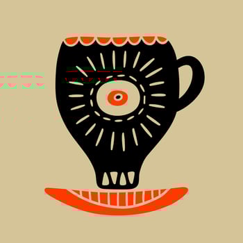 Hand drawn cup in vintage style with ornament. Folk mood. Faded colors, black and orange. vector