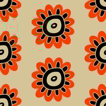 Seamless pattern in vintage style. Teapot with ornament, floral elements. Folk mood. Faded colors, black and orange. vector