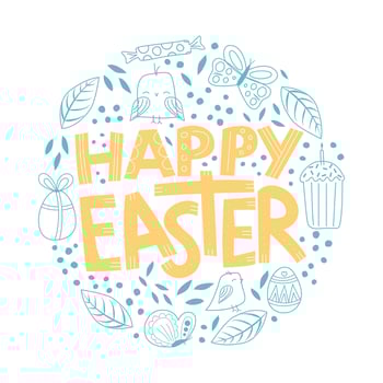 Happy easter quote with cute simple elements in a lineart style, gentle yellow and blue colors. vector