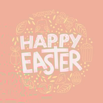 Happy easter quote with cute simple elements in a lineart style, gentle light yellow and rose colors. vector