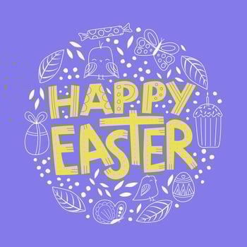 Happy easter quote with cute simple elements in a lineart style, gentle yellow and bright purple colors. vector