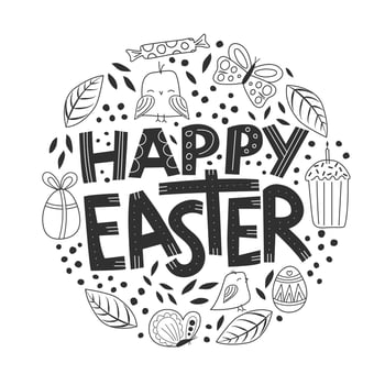 Happy easter quote with cute simple elements in a lineart style, black and white colors. vector