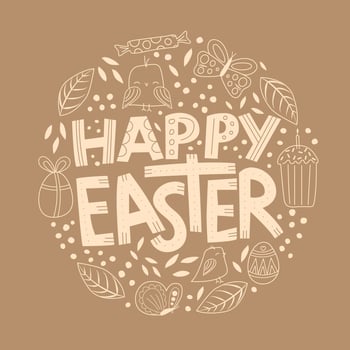 Happy easter quote with cute simple elements in a lineart style, in limited brown pallete. vector