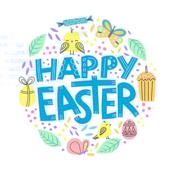 Happy easter quote with cute simple elements in a lineart style, colorful illustration. vector
