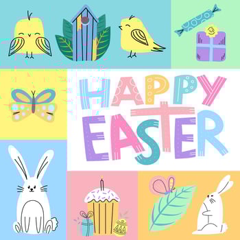 Happy easter square poster. Modern concept of collage with illustrations of rabbit, chicken, kulich, and other. Colorful happy graphic. vector