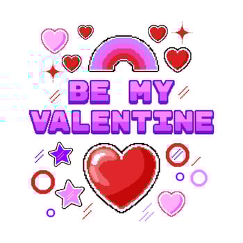 Be my Valentine - pixel art illustration. Square gift card or poster for Valentine's day, with hearts, stars and rainbow. Retro style with bright pink colors. vector